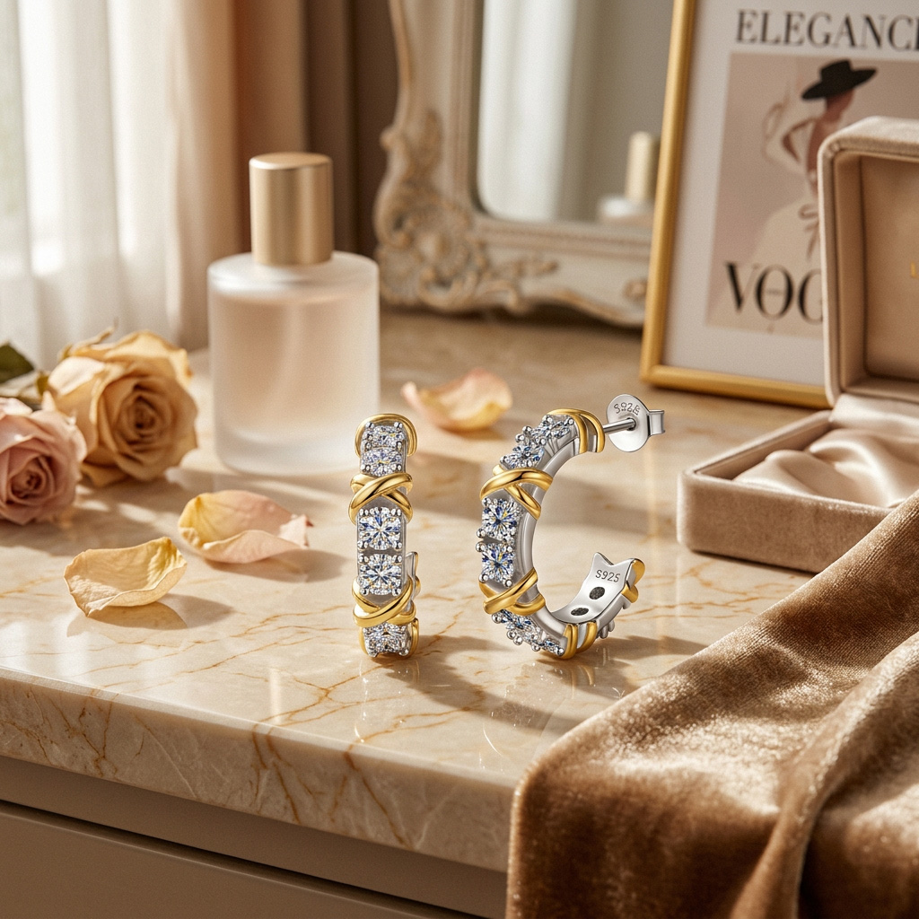 VVS Moissanite S925 Silver Two-tone Criss Cross Hoop Earrings VVS Moissanite S925 Silver Two-tone Criss Cross Hoop Earrings
