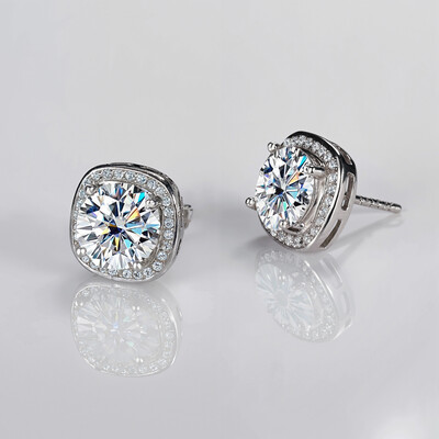 0.5CT/1CT/2CT Square Shape VVS Moissanite S925 Silver Halo Stud Earrings with White Gold