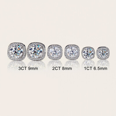 0.5CT/1CT/2CT Square Shape VVS Moissanite S925 Silver Halo Stud Earrings with White Gold