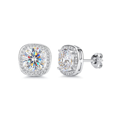0.5CT/1CT/2CT Square Shape VVS Moissanite S925 Silver Halo Stud Earrings with White Gold