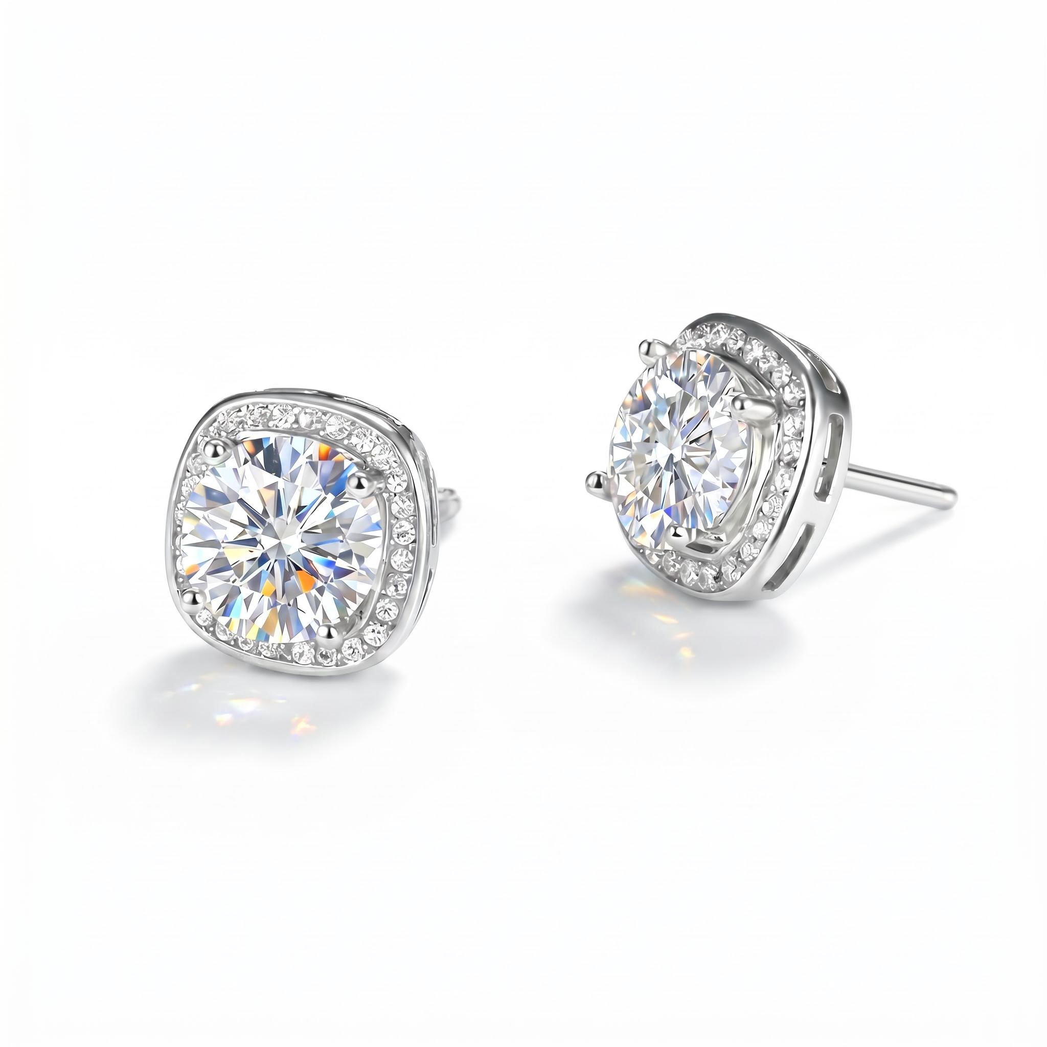 0.5CT/1CT/2CT Square Shape VVS Moissanite S925 Silver Halo Stud Earrings with White Gold