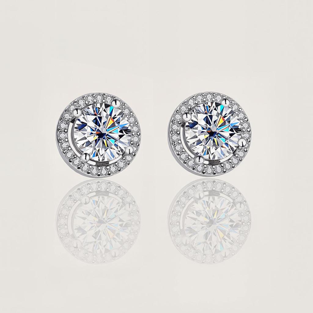 1CT/2CT VVS Moissanite S925 Silver Halo Stud Earrings with White Gold
