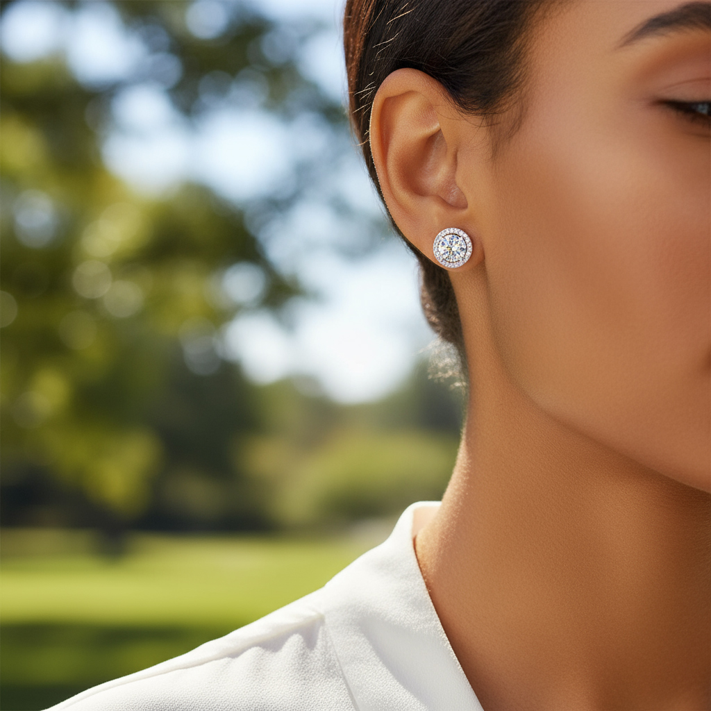 1CT/2CT VVS Moissanite S925 Silver Halo Stud Earrings with White Gold