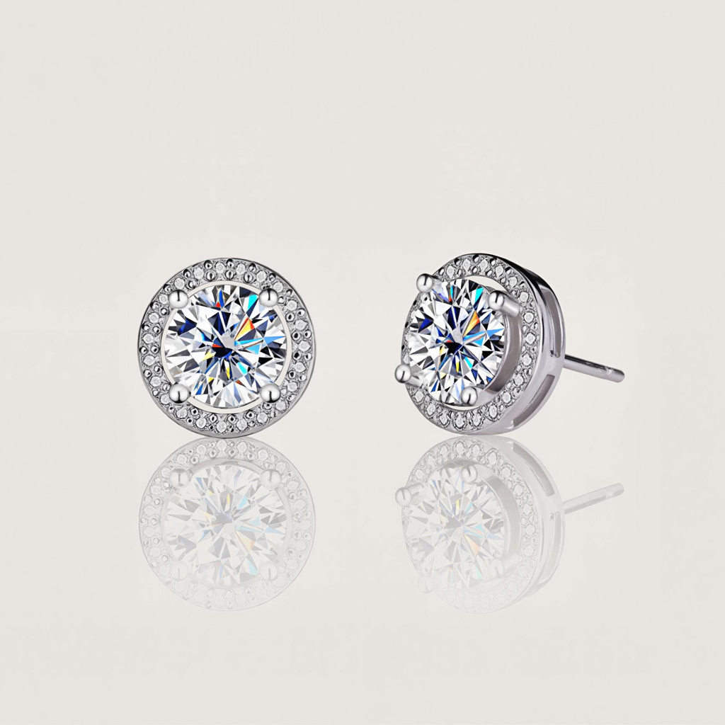 1CT/2CT VVS Moissanite S925 Silver Halo Stud Earrings with White Gold