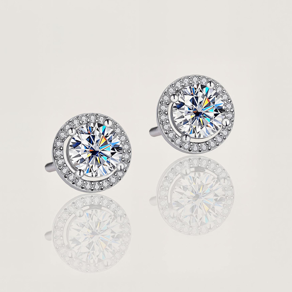 1CT/2CT VVS Moissanite S925 Silver Halo Stud Earrings with White Gold