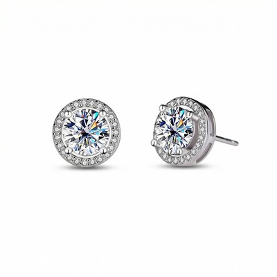 1CT/2CT VVS Moissanite S925 Silver Halo Stud Earrings with White Gold