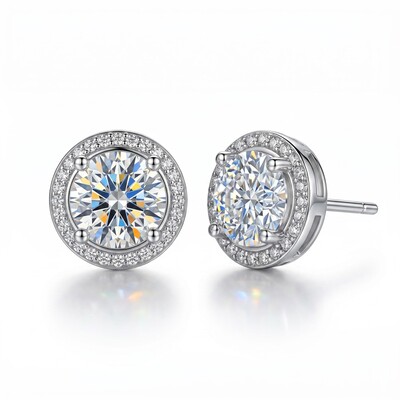 1CT/2CT VVS Moissanite S925 Silver Halo Stud Earrings with White Gold
