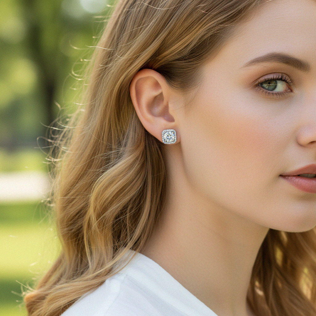 1CT/2CT Square Shape VVS Moissanite S925 Silver Halo Stud Earrings