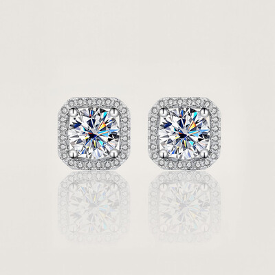 1CT/2CT Square Shape VVS Moissanite S925 Silver Halo Stud Earrings