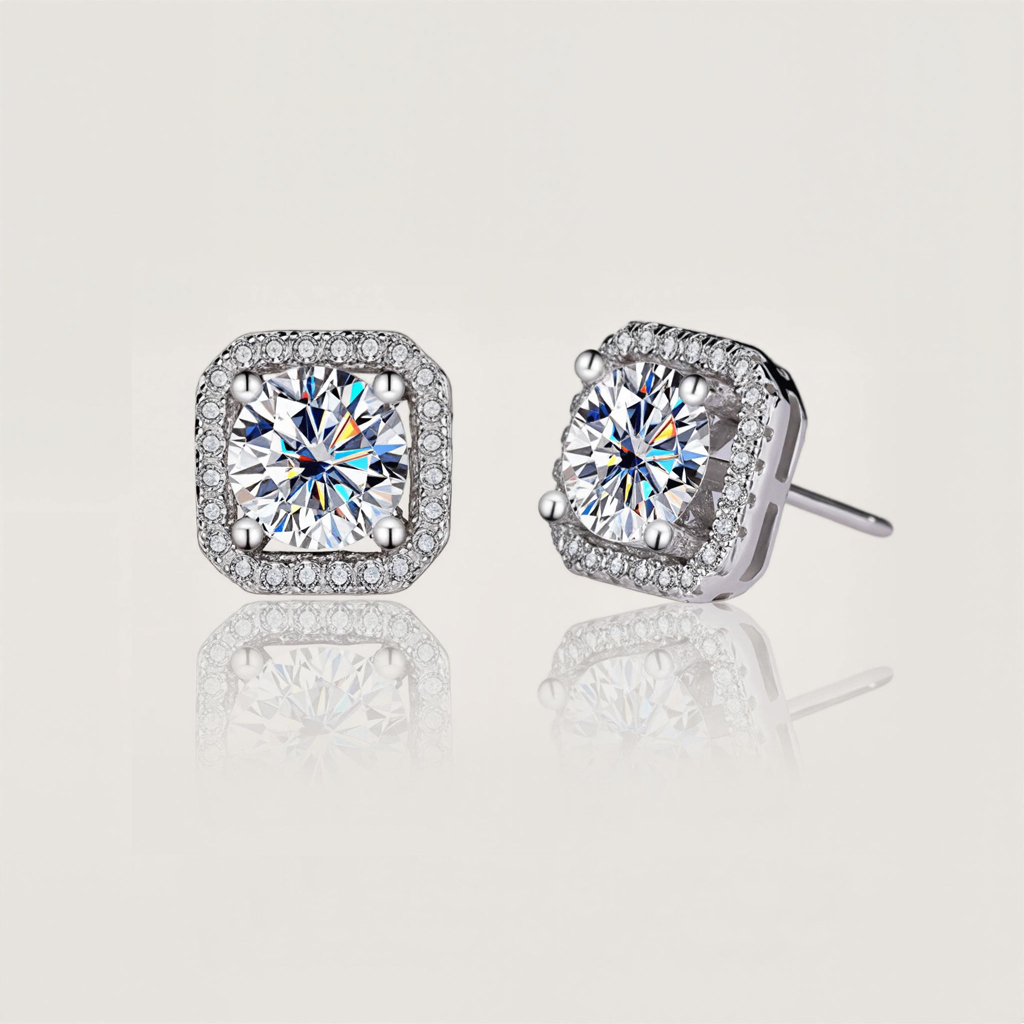 1CT/2CT Square Shape VVS Moissanite S925 Silver Halo Stud Earrings