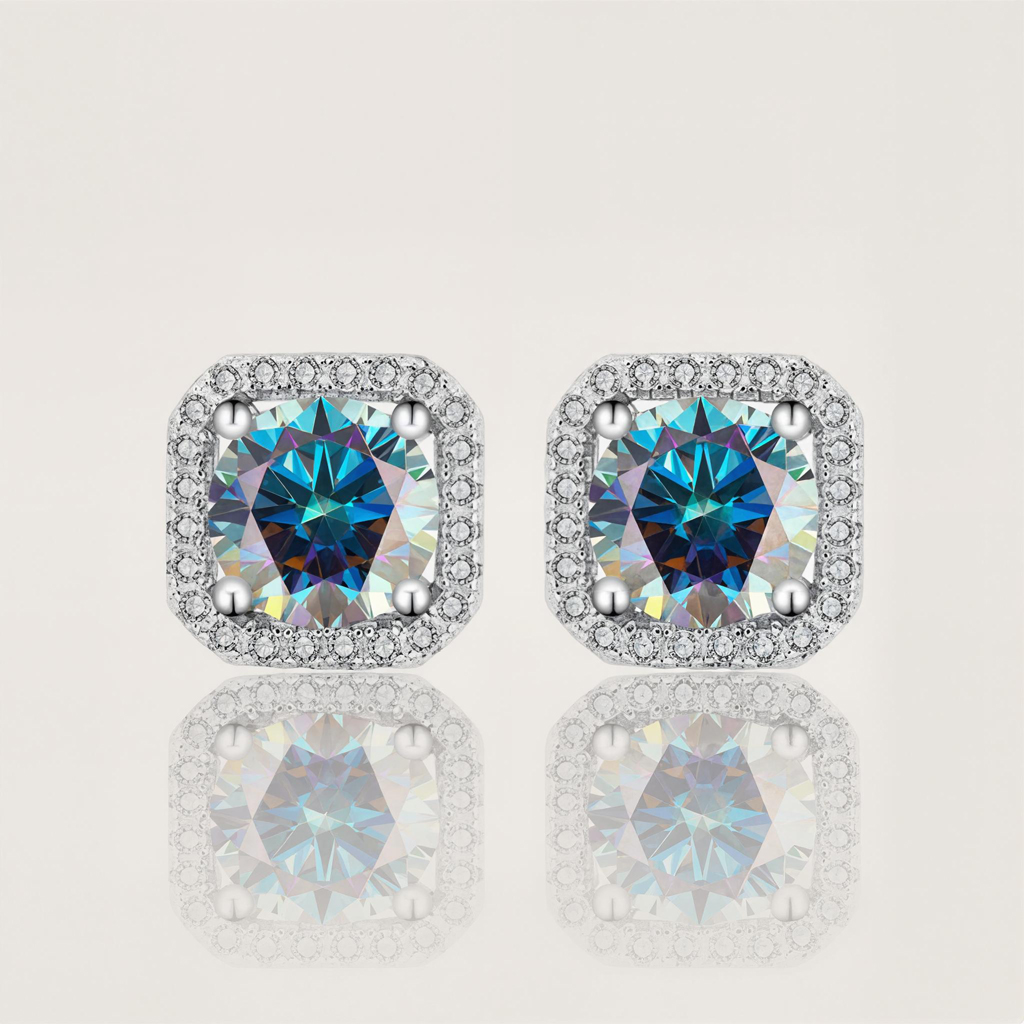 1CT/2CT Square Shape VVS Moissanite S925 Silver Halo Stud Earrings