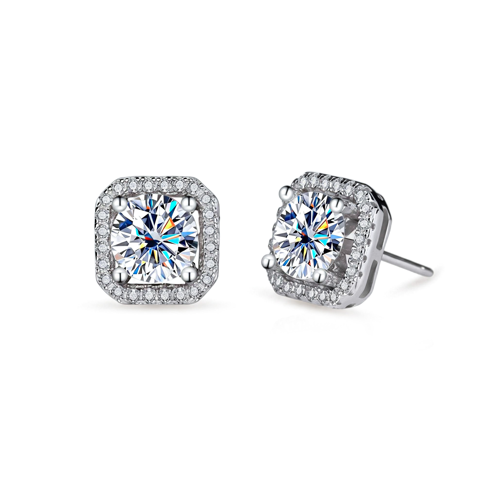 1CT/2CT Square Shape VVS Moissanite S925 Silver Halo Stud Earrings