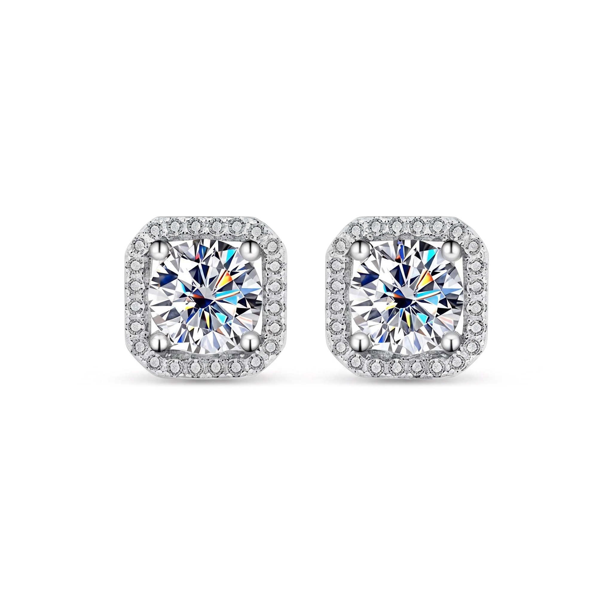 1CT/2CT Square Shape VVS Moissanite S925 Silver Halo Stud Earrings