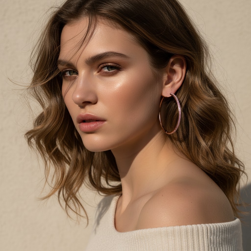 S925 Silver Full Diamond Hoop Earrings in Rose Gold