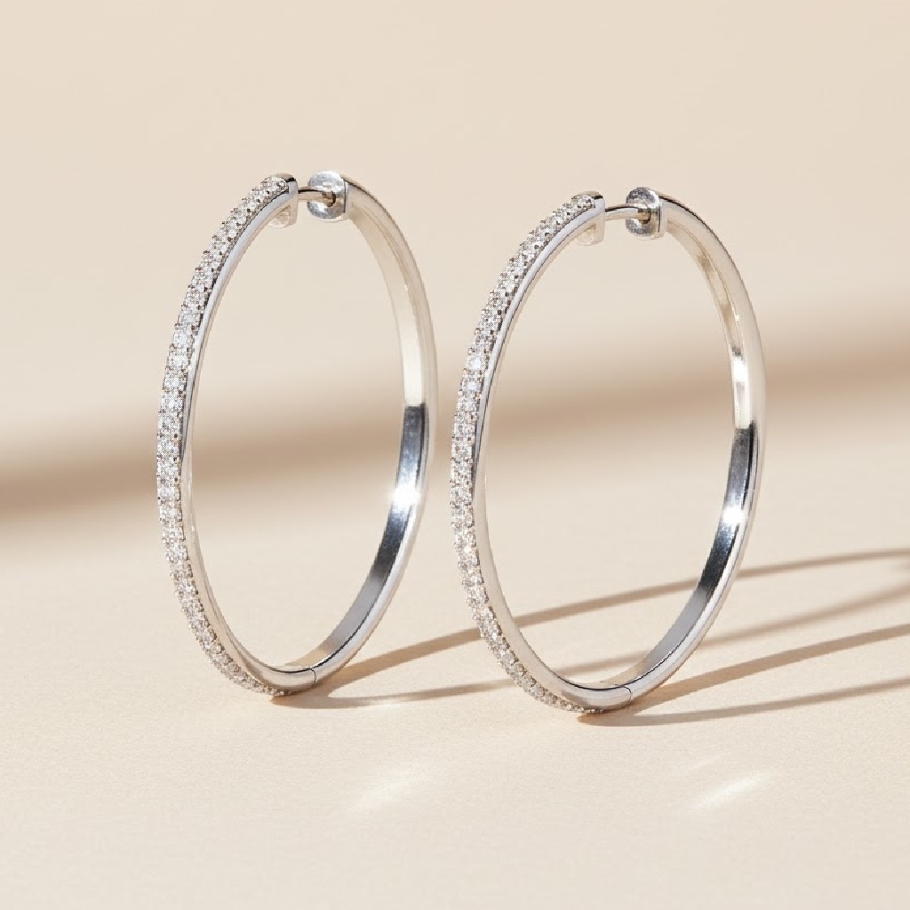 S925 Silver Full Diamond Hoop Earrings in White Gold