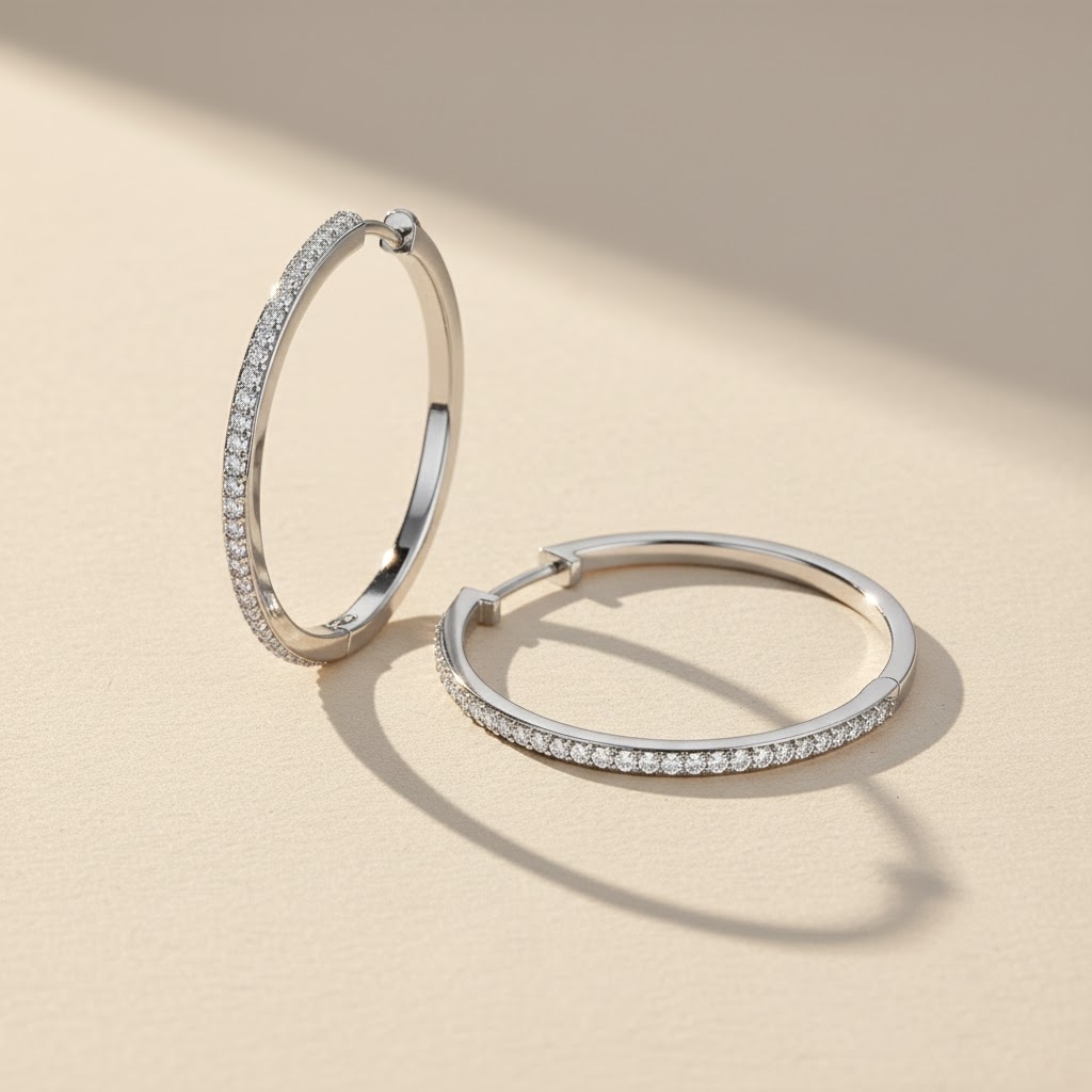 S925 Silver Full Diamond Hoop Earrings in White Gold