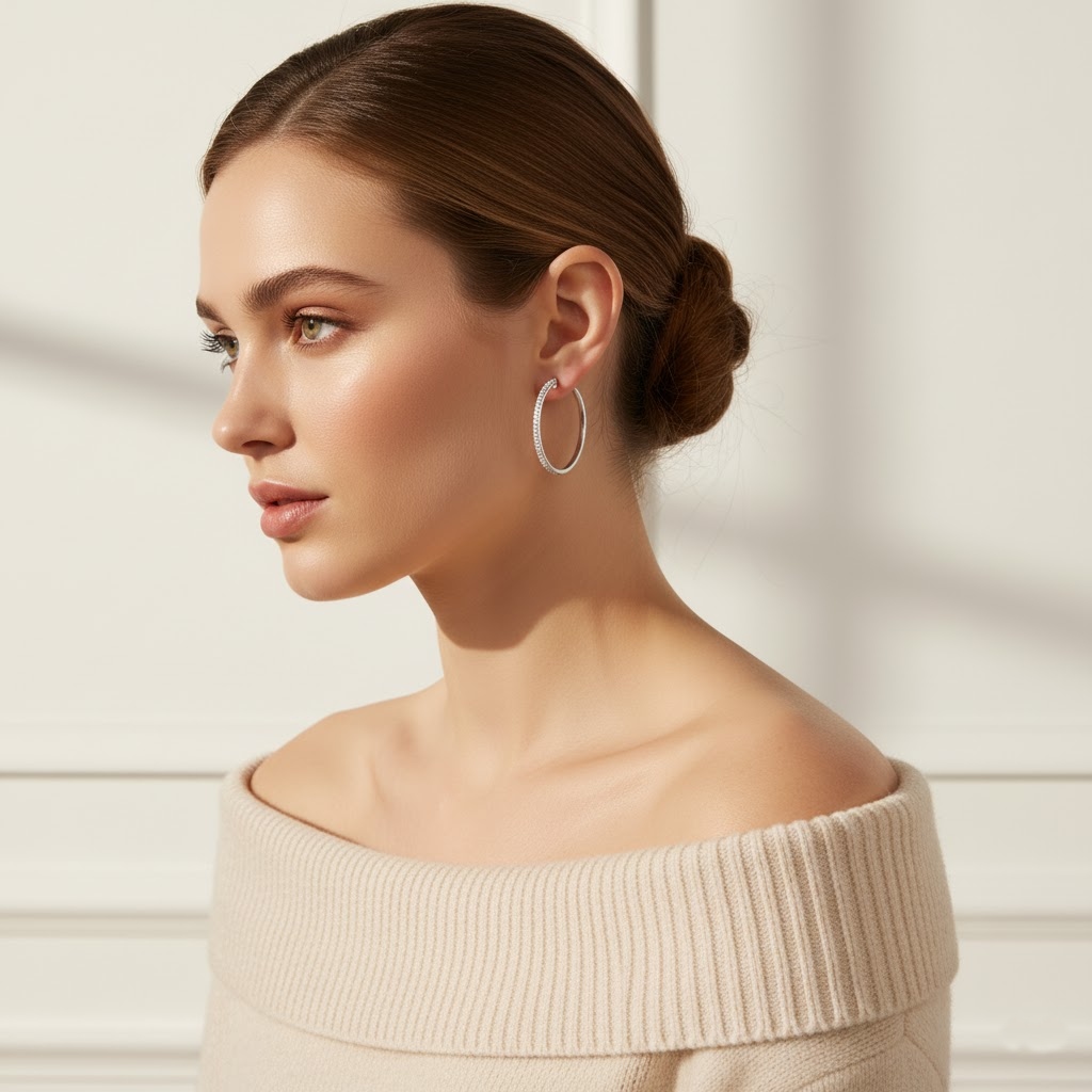 S925 Silver Full Diamond Hoop Earrings in White Gold