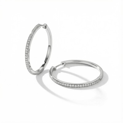 S925 Silver Full Diamond Hoop Earrings in White Gold