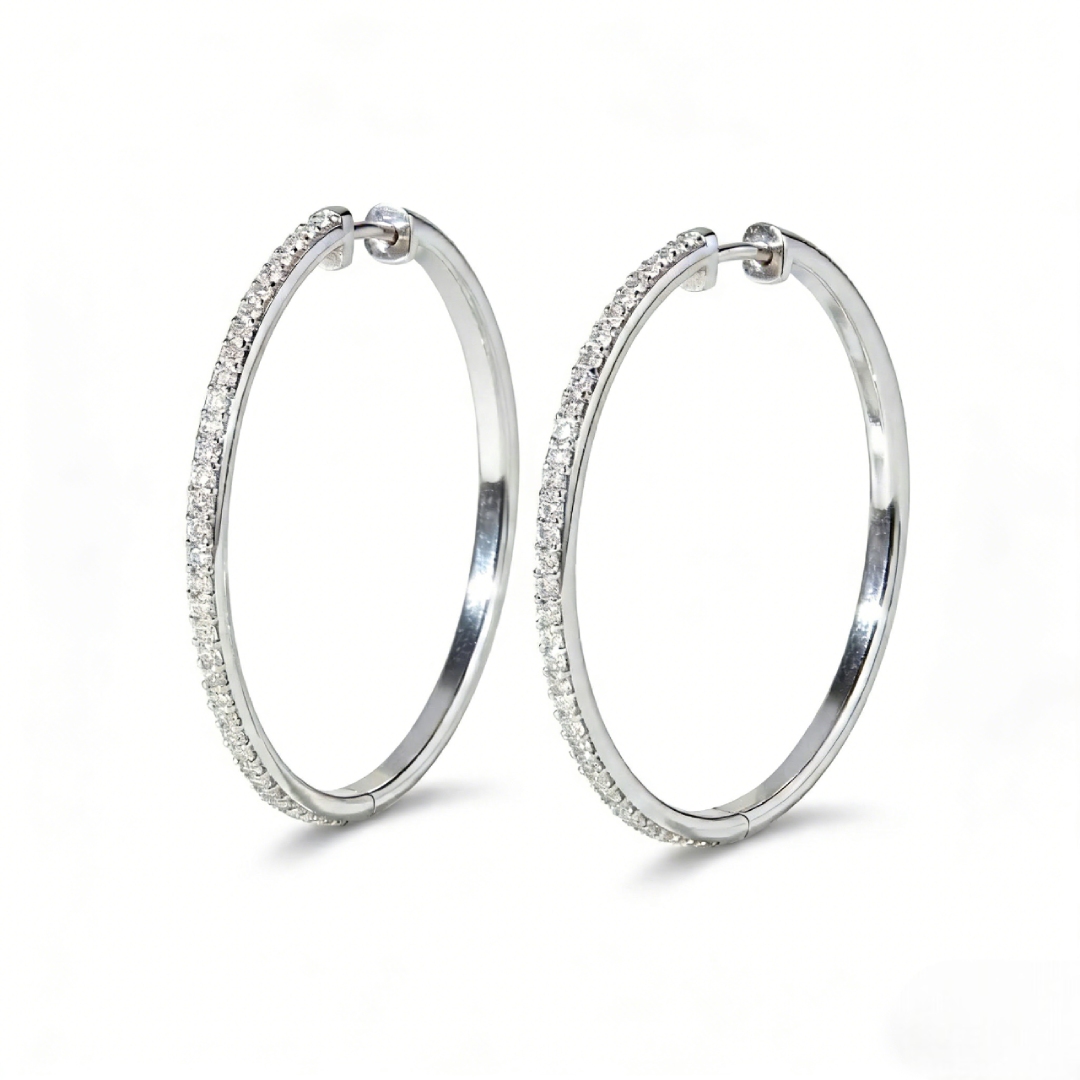 S925 Silver Full Diamond Hoop Earrings in White Gold S925 Silver Full Diamond Hoop Earrings in White Gold