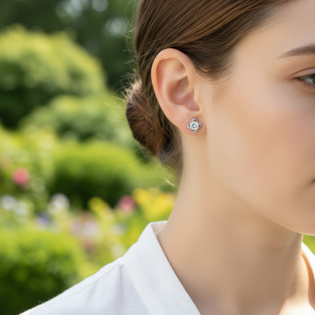 Round Cut VVS Moissanite S925 Silver Clover Stud Earrings