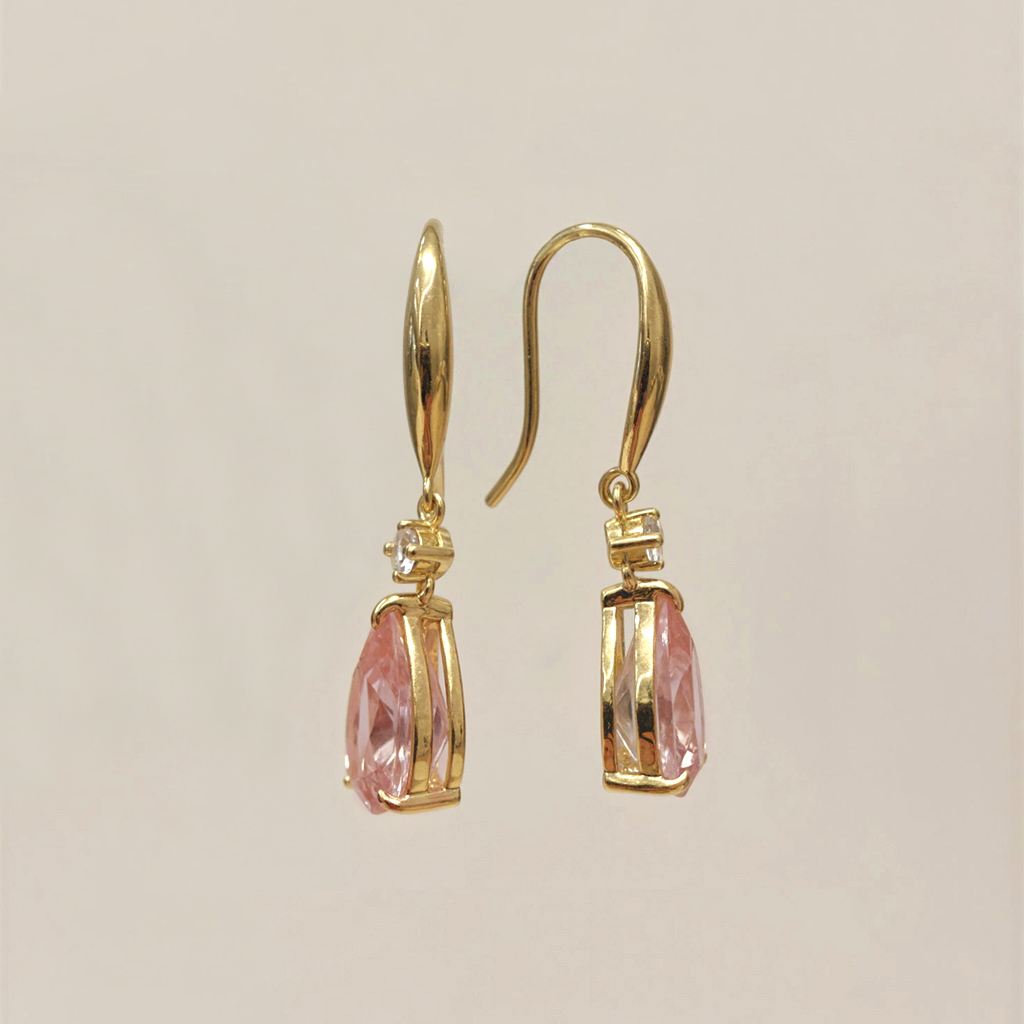 S925 Silver Pink Pear Diamond Drop Earrings