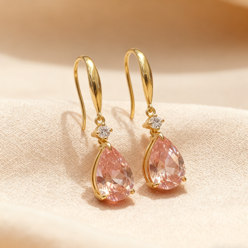 S925 Silver Pink Pear Diamond Drop Earrings