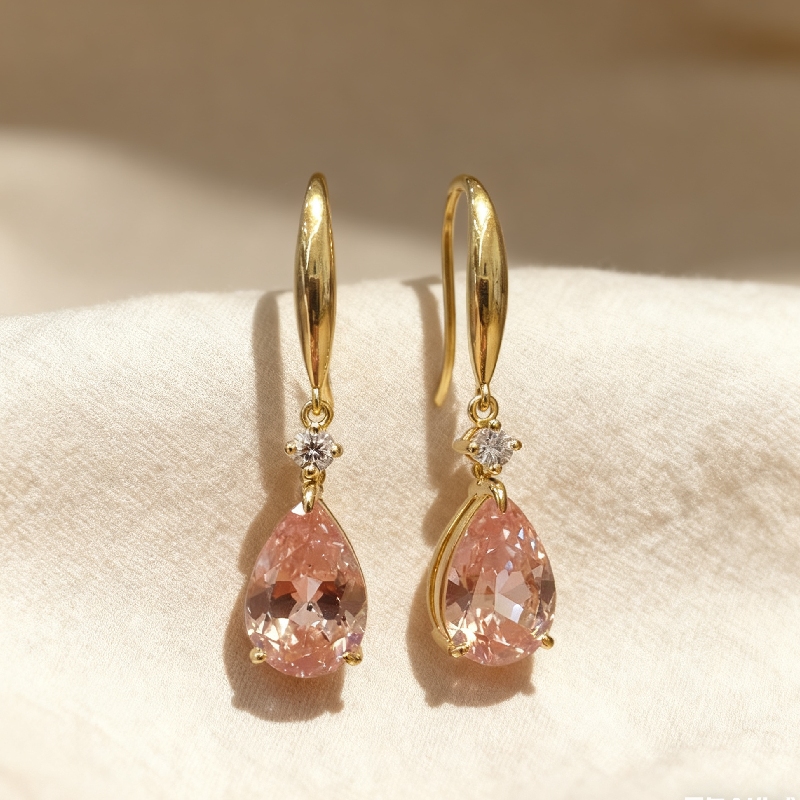 S925 Silver Pink Pear Diamond Drop Earrings