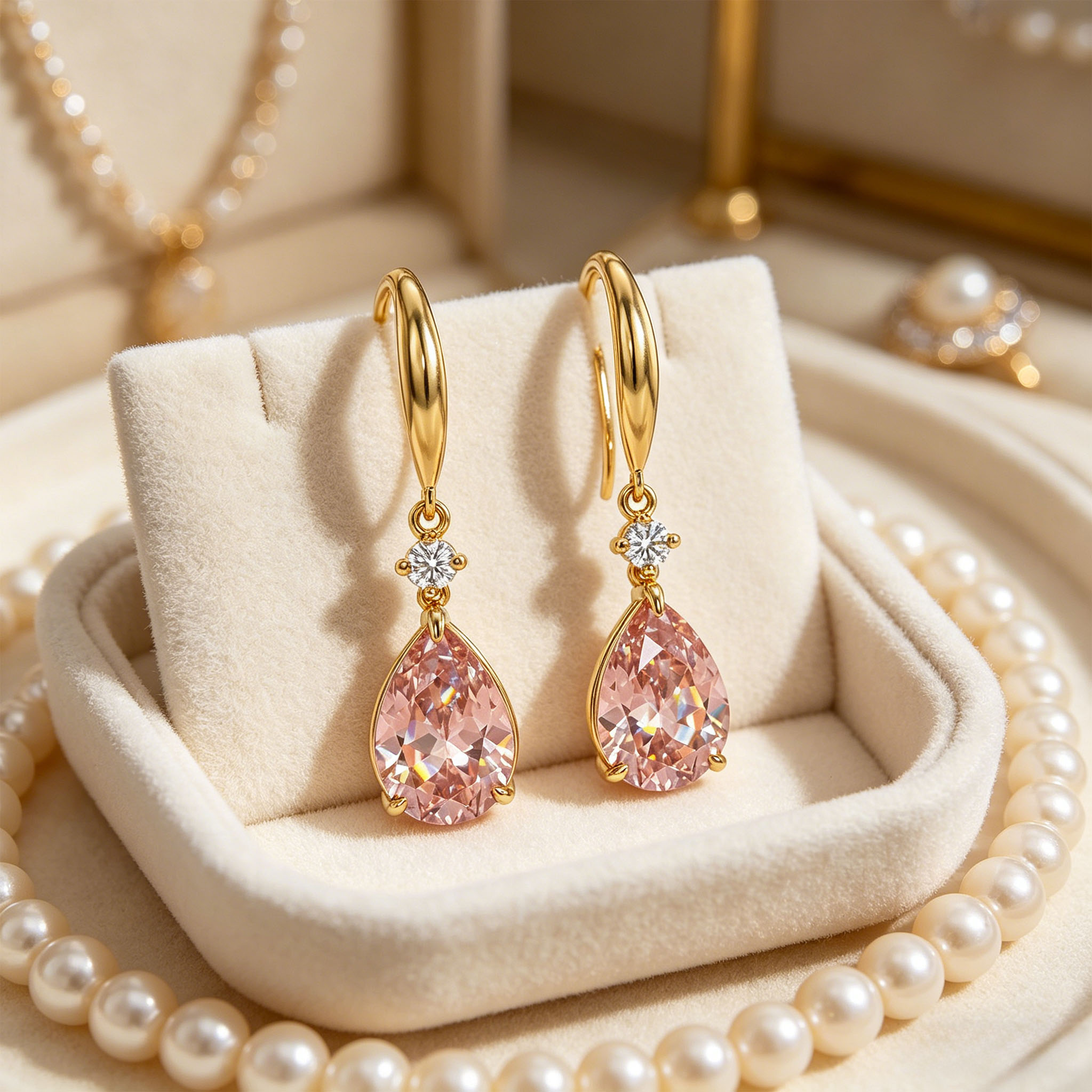 S925 Silver Pink Pear Diamond Drop Earrings