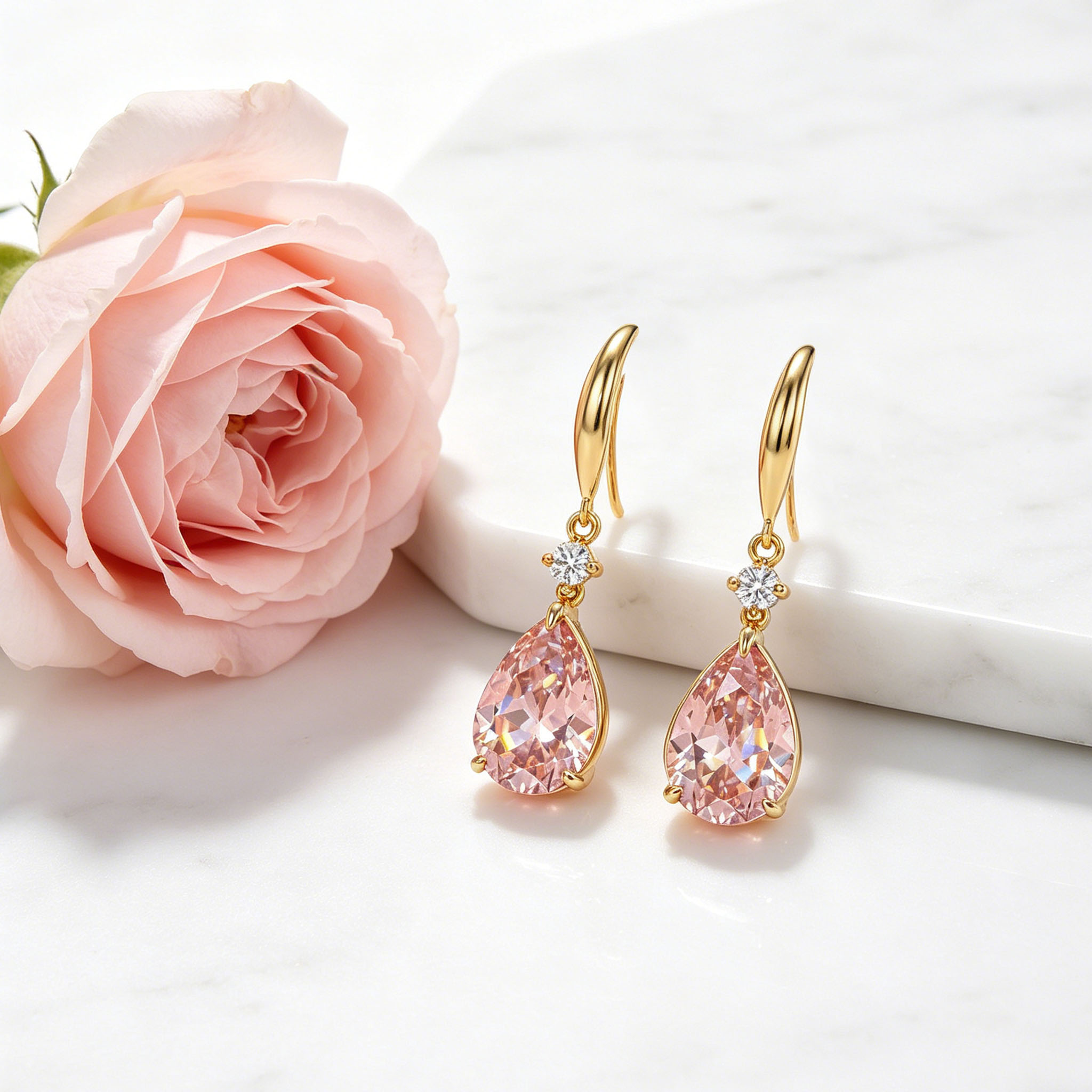 S925 Silver Pink Pear Diamond Drop Earrings