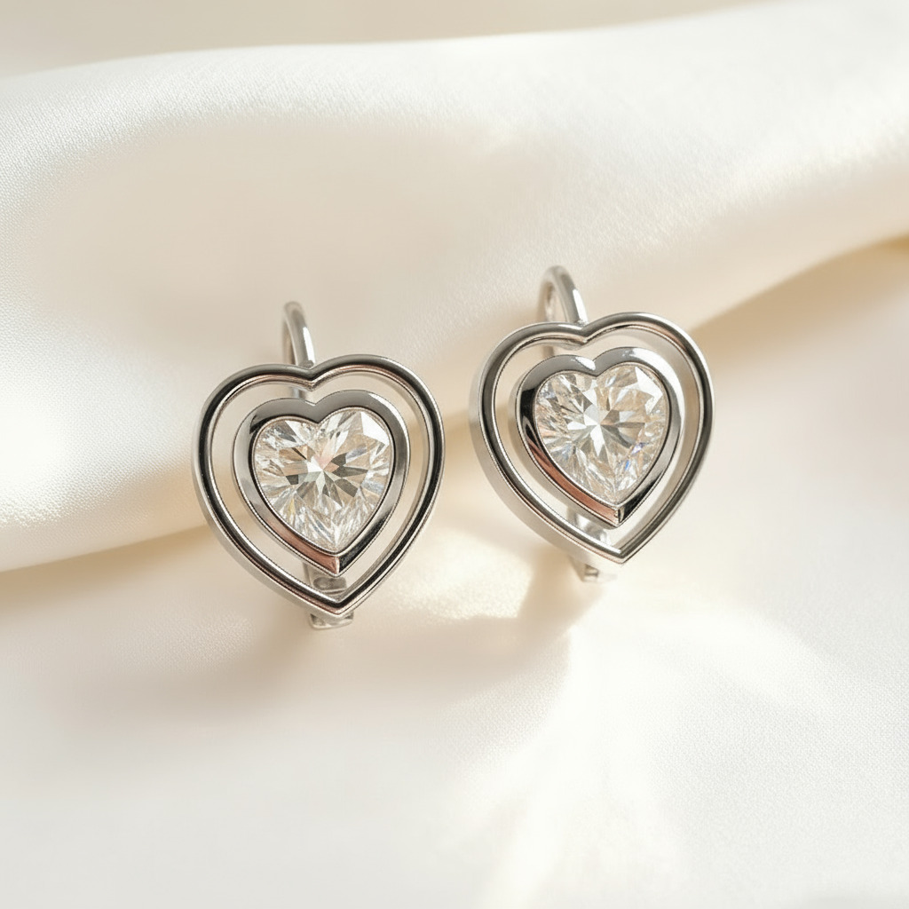 S925 Silver 1CT Heart Diamond Hoop Earrings
