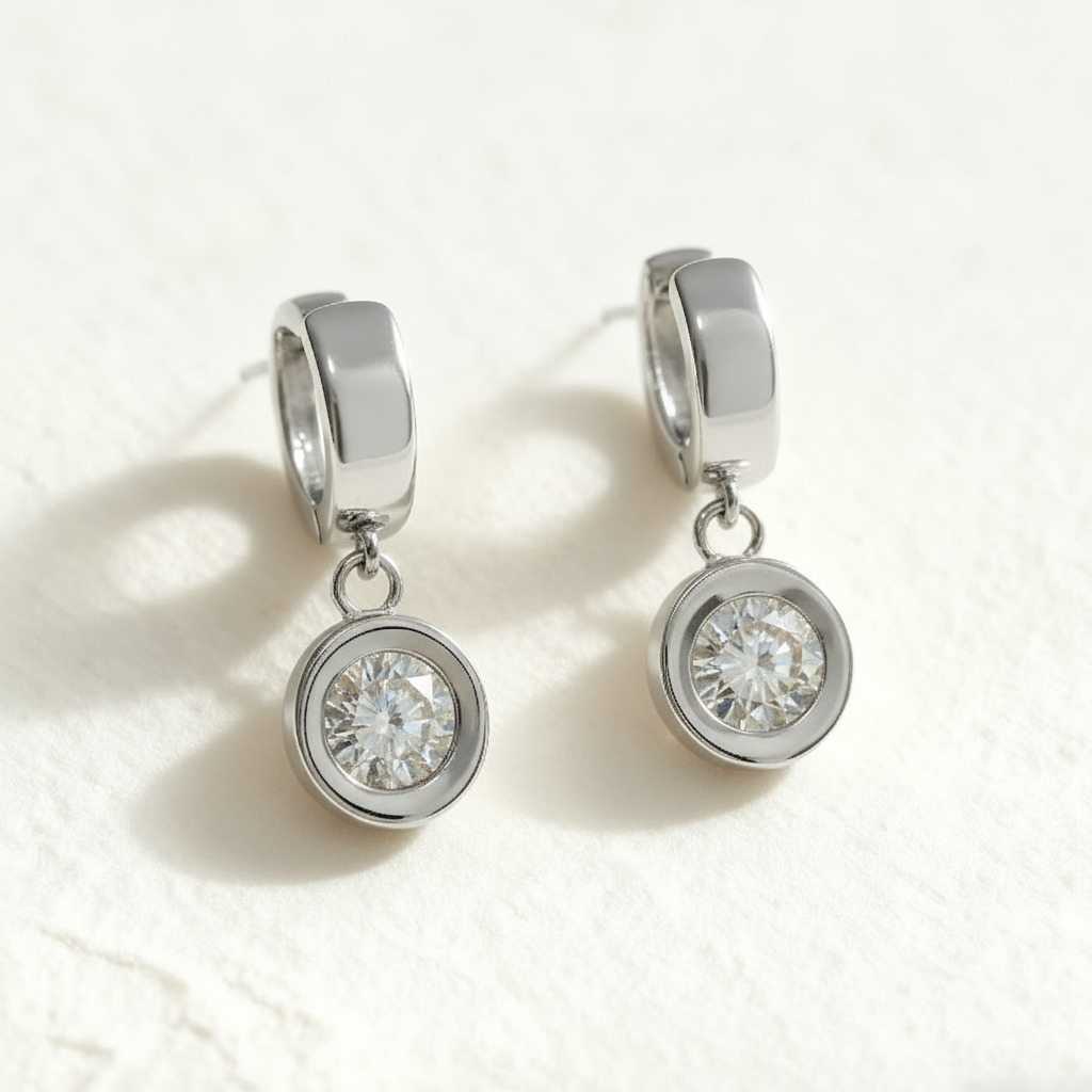 S925 Silver 1CT Round Diamond Bezel Hoop Earrings