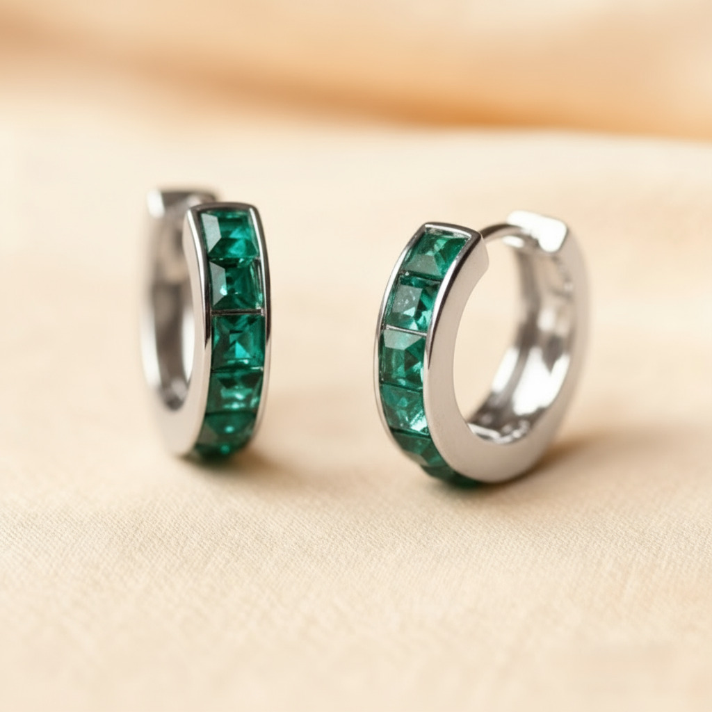 S925 Silver Emerald Princess Cut Channel Set Hoop Earrings S925 Silver Emerald Princess Cut Channel Set Hoop Earrings