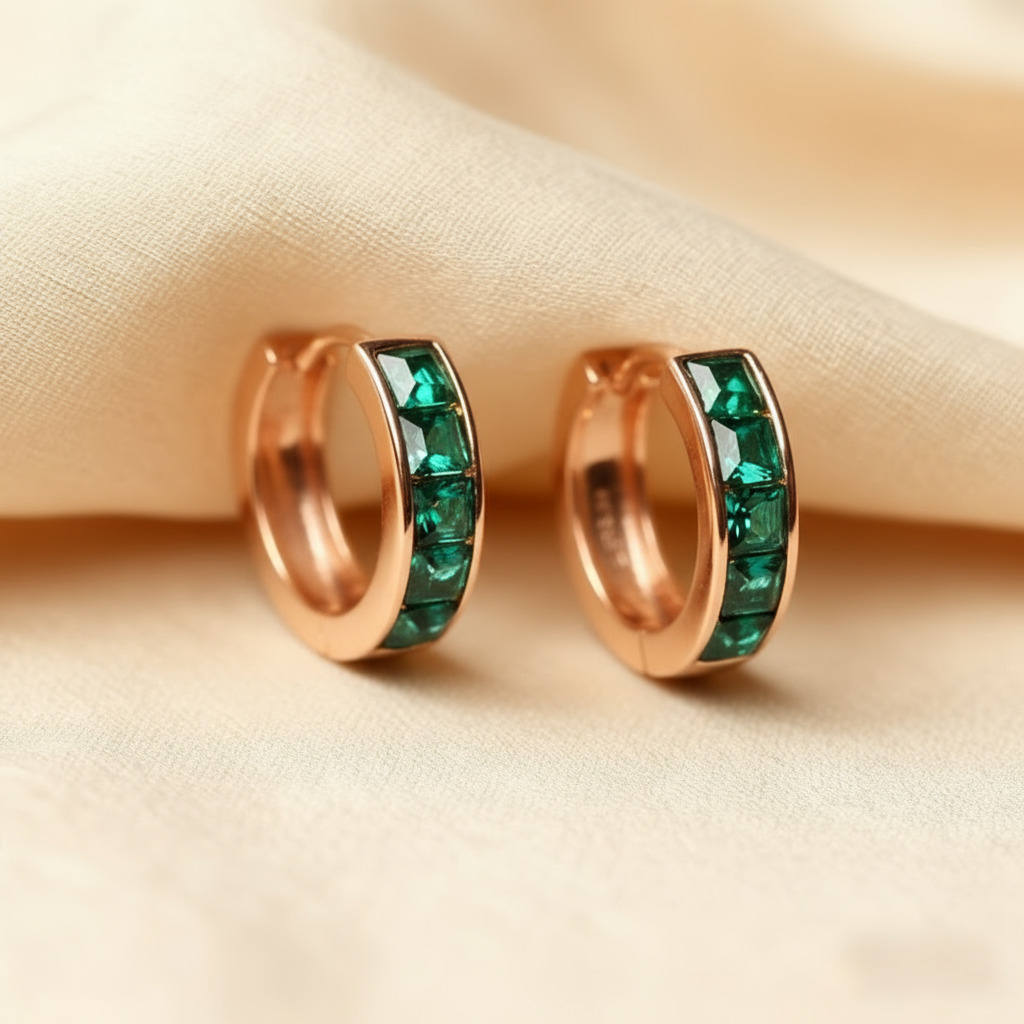 S925 Silver Emerald Princess Cut Channel Set Hoop Earrings S925 Silver Emerald Princess Cut Channel Set Hoop Earrings