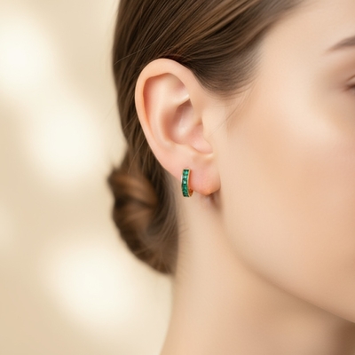 S925 Silver Emerald Princess Cut Channel Set Hoop Earrings