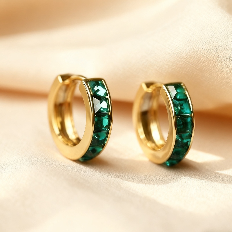 S925 Silver Emerald Princess Cut Channel Set Hoop Earrings S925 Silver Emerald Princess Cut Channel Set Hoop Earrings
