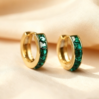 S925 Silver Emerald Princess Cut Channel Set Hoop Earrings