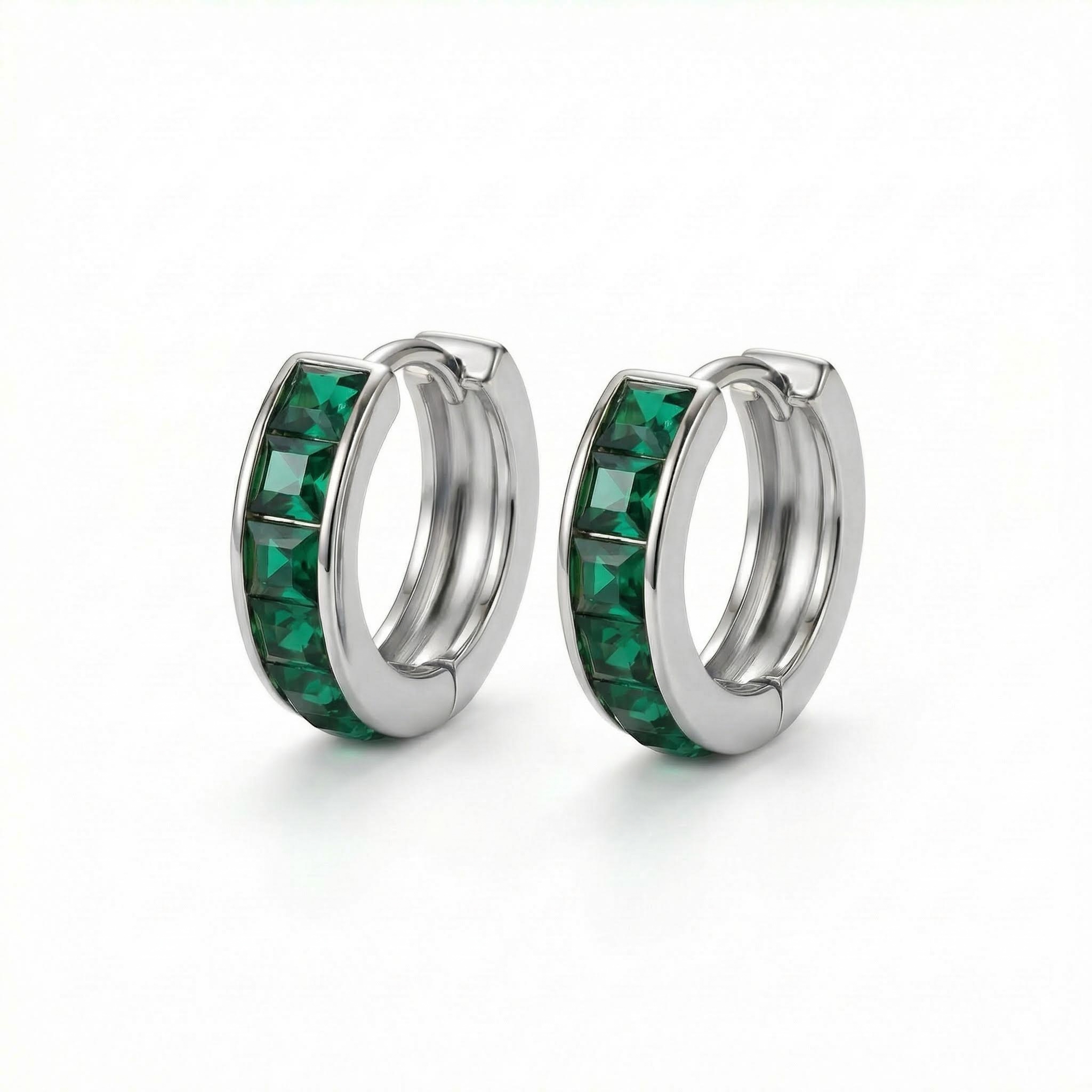 S925 Silver Emerald Princess Cut Channel Set Hoop Earrings S925 Silver Emerald Princess Cut Channel Set Hoop Earrings