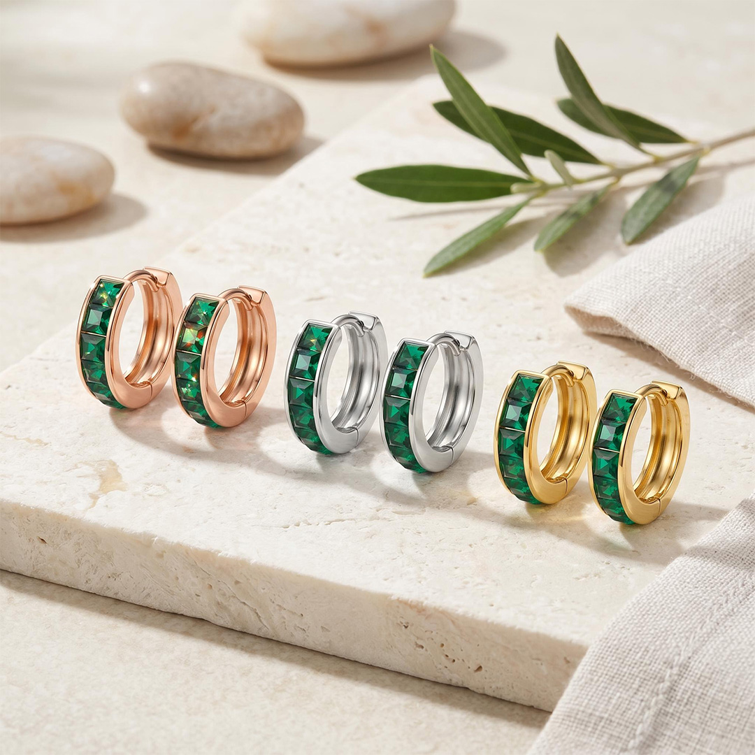 S925 Silver Emerald Princess Cut Channel Set Hoop Earrings