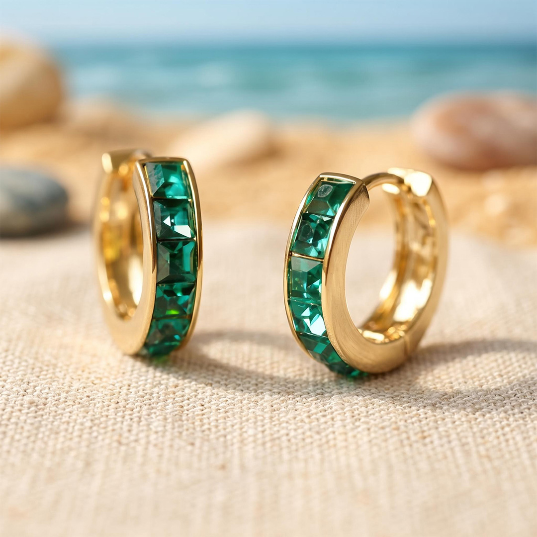 S925 Silver Emerald Princess Cut Channel Set Hoop Earrings