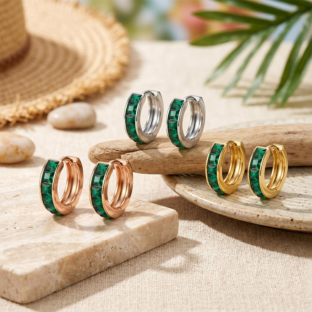 S925 Silver Emerald Princess Cut Channel Set Hoop Earrings