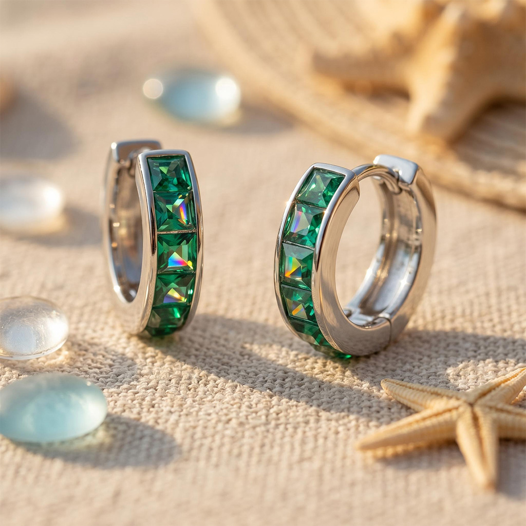 S925 Silver Emerald Princess Cut Channel Set Hoop Earrings