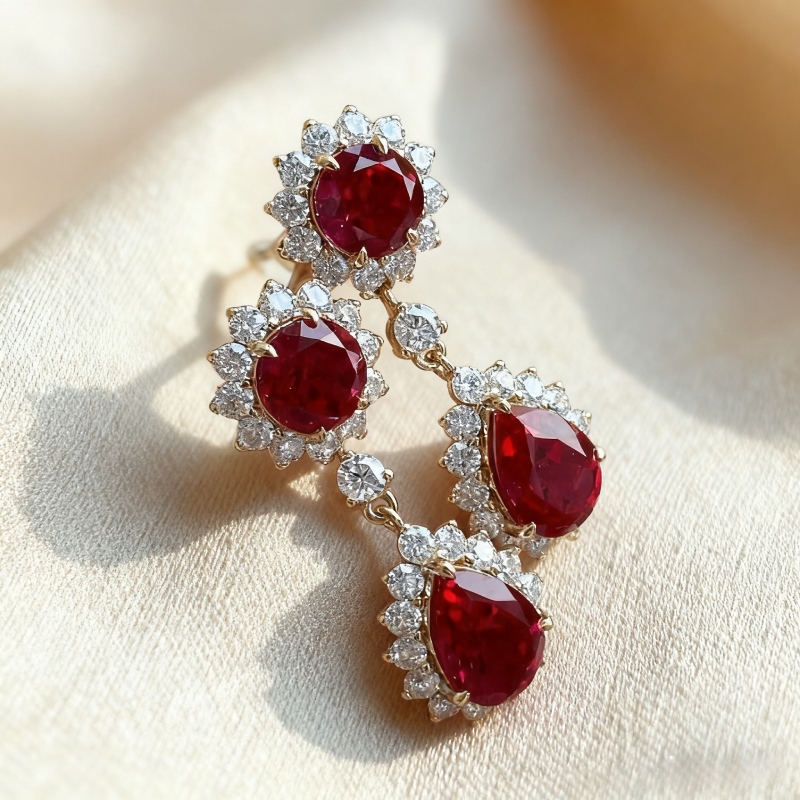 S925 Silver Ruby Round & Pear Cut Dangle Drop Earrings