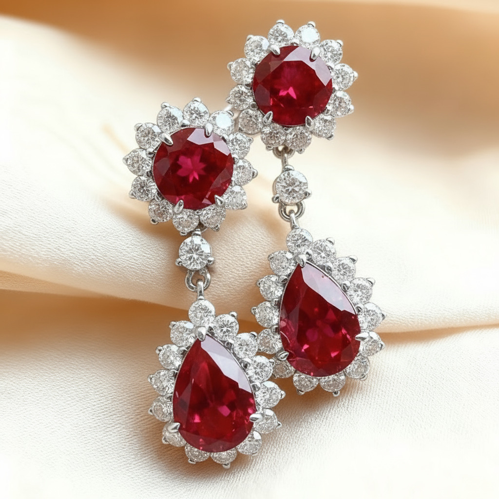 S925 Silver Ruby Round & Pear Cut Dangle Drop Earrings