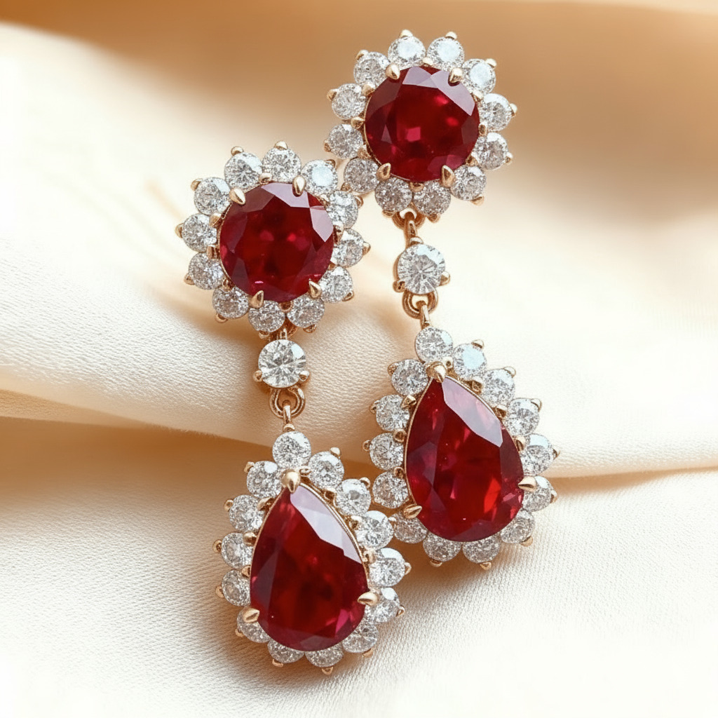 S925 Silver Ruby Round & Pear Cut Dangle Drop Earrings