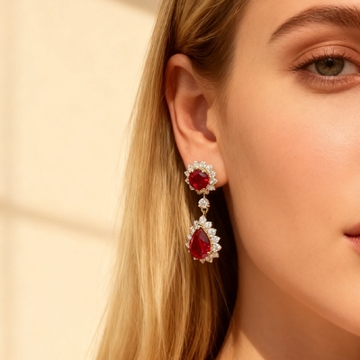 S925 Silver Ruby Round & Pear Cut Dangle Drop Earrings