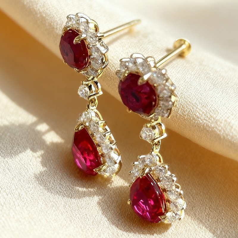 S925 Silver Ruby Round & Pear Cut Dangle Drop Earrings