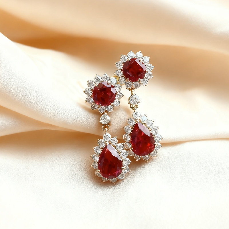 S925 Silver Ruby Round & Pear Cut Dangle Drop Earrings