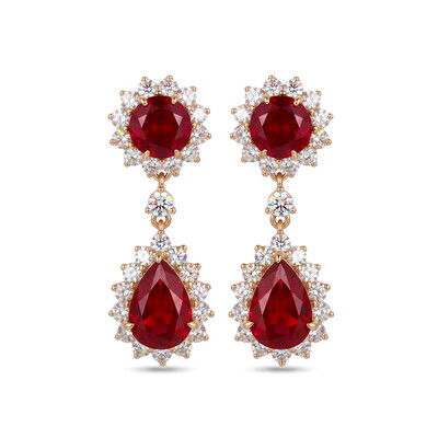 S925 Silver Ruby Round & Pear Cut Dangle Drop Earrings