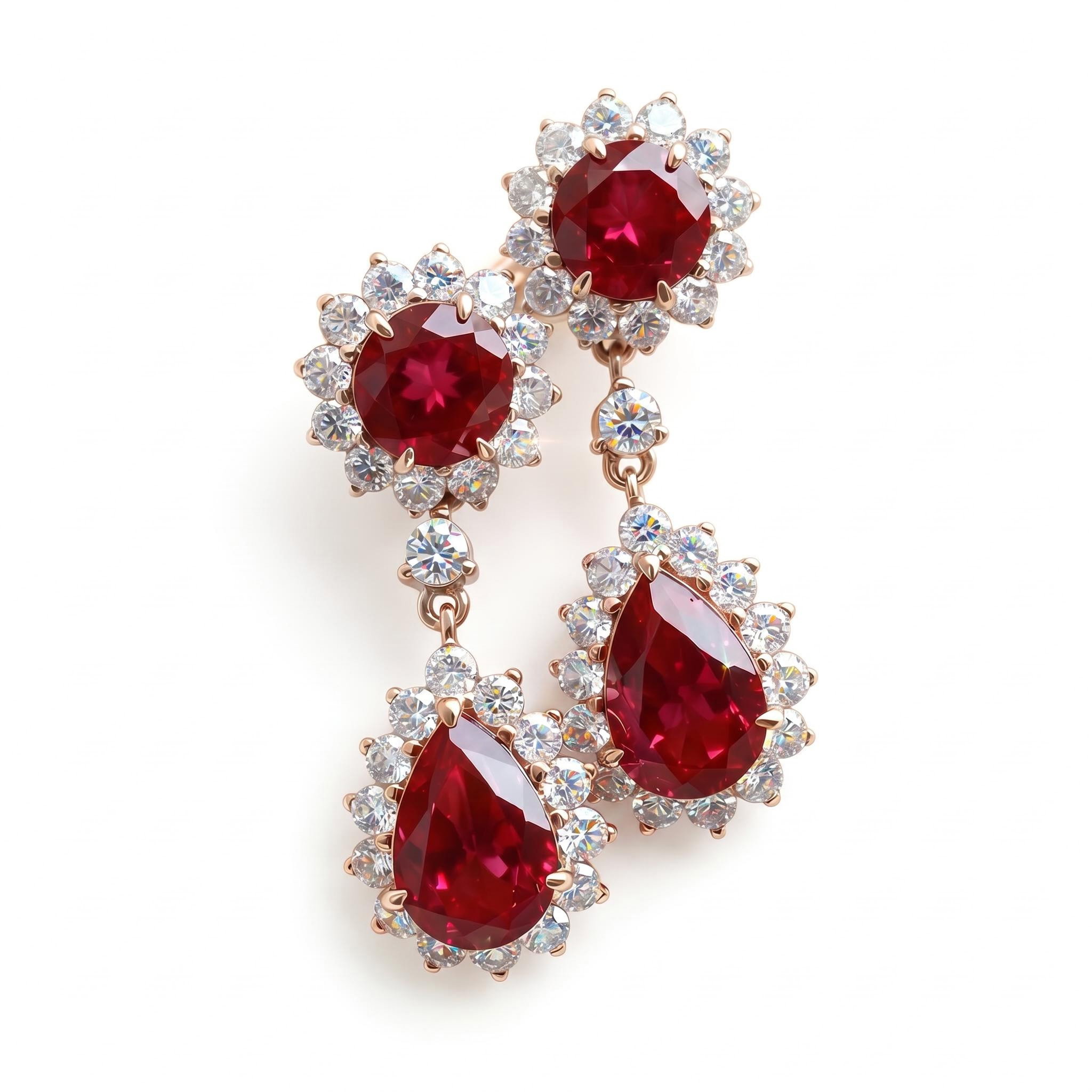 S925 Silver Ruby Round & Pear Cut Dangle Drop Earrings