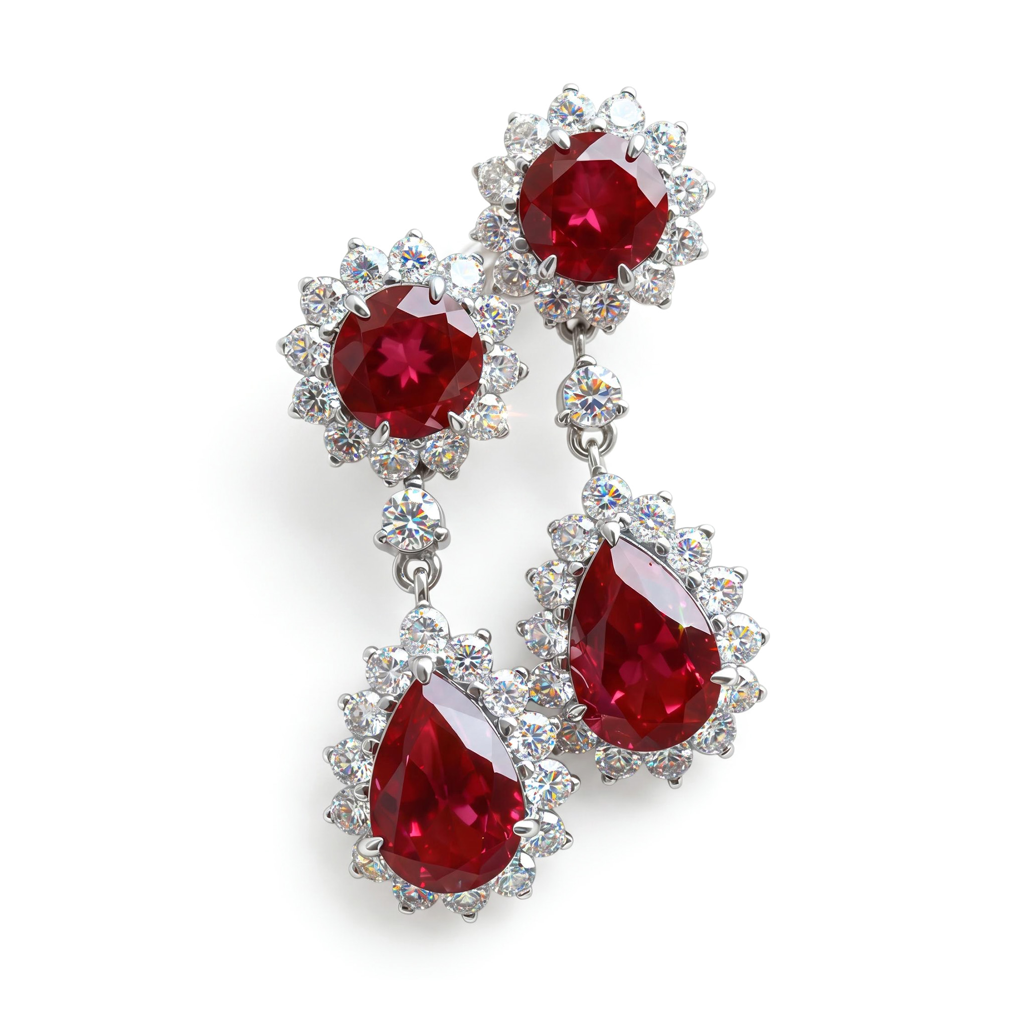 S925 Silver Ruby Round & Pear Cut Dangle Drop Earrings